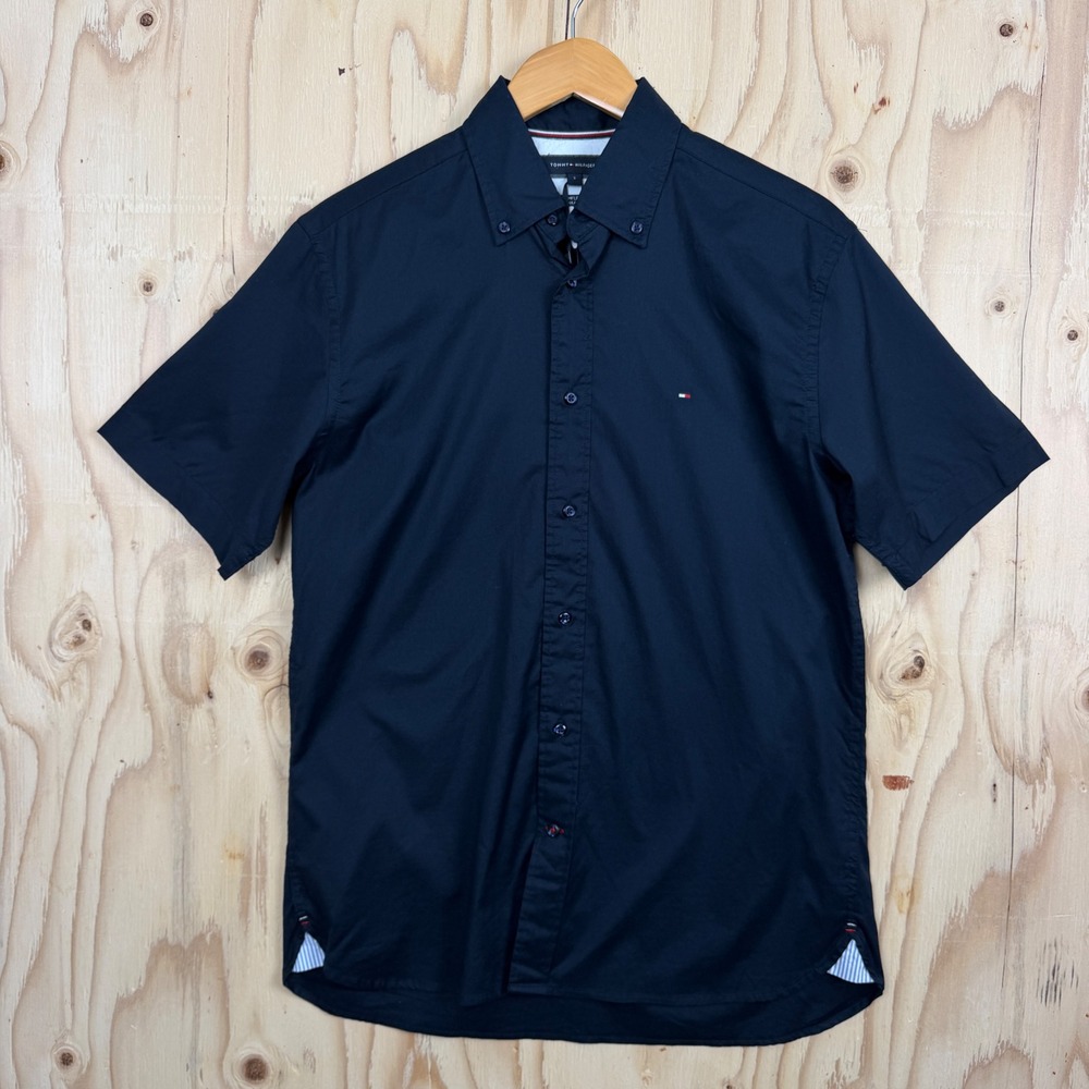 Tommy Hilfiger Button Up Shirt Mens Small Navy TH Flex 100% Cotton Short Sleeve